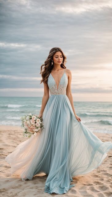 Seaside Marriage ceremony Attire Concepts: Elevate Your Seaside Nuptials Check more at https://howcandothis.com/weddingideas/seaside-marriage-ceremony-attire-concepts-elevate-your-seaside-nuptials/ Small Beach Weddings, Blue Beach Wedding, Wedding Dresses Ideas, Dream Beach Wedding, Sea Dress, Sea Wedding, Ocean Wedding, Beach Wedding Dresses, Boho Beach Wedding