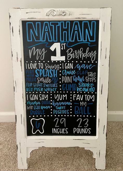 Diy Milestone Board 1st Birthday, First Birthday Info Board, 1st Birthday Information Board, Milestone Signs 1st Birthdays, Milestone Board Ideas, First Birthday Milestone Board Diy, First Birthday Party Sign, 1st Birthday Board Diy Chalkboard Signs, First Birthday Milestone Sign