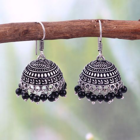 Bollywood Oxidized Silver Plated Handmade Hook Drop Black beads Jhumka Jhumki Indian Earrings jewelry women #Blackhook Pendent Designs, Oxidized Jhumkas, Silver Jhumkas, Amazing Fashion, Indian Earrings, Fashion Jewelry Sets, Face Images, Jhumka Earrings, Fancy Jewelry