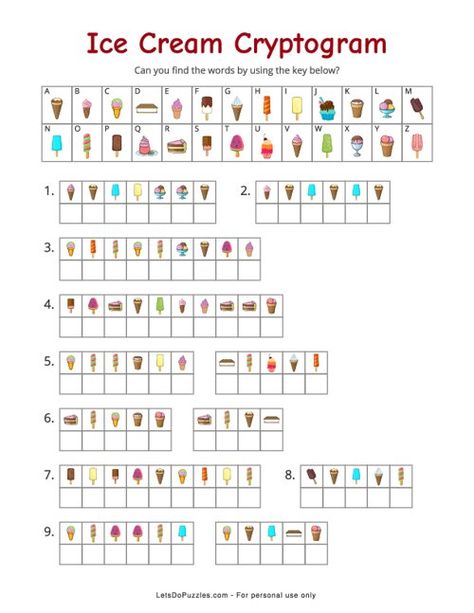 Ice Cream Cryptogram | Printable Puzzle for Kids Puzzles For Middle Schoolers, Ice Cream Puzzle Free Printable, Math Crossword Puzzles Free Printable, Cryptograms For Kids Free Printable, Code Breakers For Kids, Cryptograms Free Printable, Puzzle Activities For Kids, Ice Cream Worksheet, Puzzle Worksheets For Kids