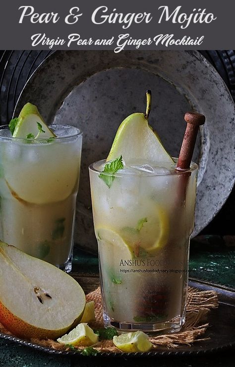 Virgin Pear and Ginger Mojito Pear Mojito, Summer Fruit Drinks, Ginger Mojito, Mojito Ingredients, Mango Lemonade, Pear Ginger, Serving Glasses, Summer Coolers, Refreshing Summer Drinks