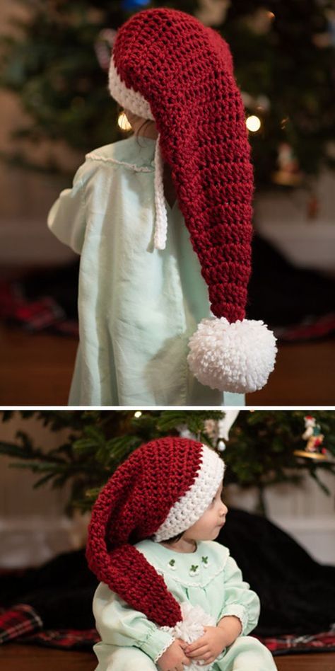 Even Santa gets to go to bed sometimes and when he does, we are sure he’s wearing his red and white bonnet. And so kids in your family would fancy one. The design by Christen DeRito is easy and fast to make. This would be an amazing last minute gift or a fun take on stocking. The size is foreseen to fit 2-5 years old, but you can easily adjust it to your needs. #freecrochetpattern #crochetpattern #crochethat #crochetsantahat #santahat Crochet Santa Hat Free Pattern, Crochet Santa Hat Pattern, Santa Hat Pattern, Crochet Santa Hat, White Bonnet, Crochet Character Hats, Crochet Christmas Hats, Crochet Stocking, Fast Crochet