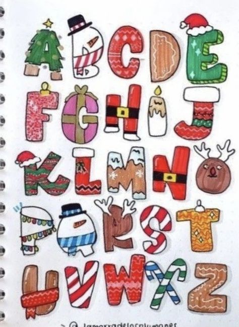 Christmas Hand Lettering Alphabet, Christmas Bubble Letters, Christmas Letter Ideas Writing, Christmas Letter Ideas, Christmas Alphabet Letters, January Lettering, Christmas Fonts Alphabet, Christmas Charts, Hand Lettering Alphabet Fonts