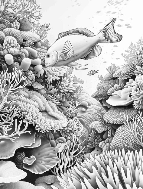 Under The Sea Drawings, Coral Reef Drawing, Underwater Drawing, Ocean Theme Crafts, Sea Drawing, Garden Coloring, Garden Coloring Pages, Shark Coloring Pages, Pencil Drawings Of Animals