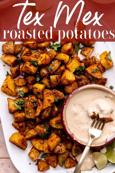 Mexican Red Potatoes, Roasted Mexican Potatoes, Latin Potatoes, Mexican Smashed Potatoes, Vegan Tex Mex Recipes, Tajin Potatoes, Tex Mex Potatoes, Tex Mex Side Dishes, Mexican Potato Recipes