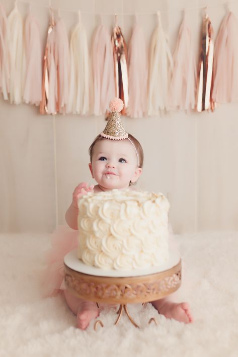 One Year Smash Cake Girl, Pink And White First Birthday Cake, Floral First Birthday Cake Smash, First Birthday Cake Smash Photoshoot, Pink Smash Cake Photoshoot, Rosette Smash Cake, Pink And White First Birthday Photos, 1st Photoshoot, Pink Smash Cakes