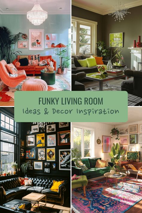 Discover 18+ funky living room ideas to create a vibrant and eclectic space full of personality and flair. Explore bold statement furniture, fun decor, personal gallery walls, and bohemian style inspirations. Get inspired to transform your living room into a funky paradise! Clever Living Room Ideas, Funky Sunroom Ideas, Quirky Living Room Decor, Fun Living Room Ideas Eclectic, Bold Colorful Living Room, Kitchy Living Room, Modern Funky Living Rooms, Unique Room Design, Funky Apartment Decor Bohemian