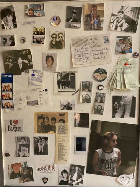 Photo Wall Grunge, The Beatles Room Decor, Beatles Room Decor, 90s Grunge Bedroom, Beatles Bedroom, Grunge Wall Collage, The Beatles Aesthetic, Beatles Room, Beatles Decor