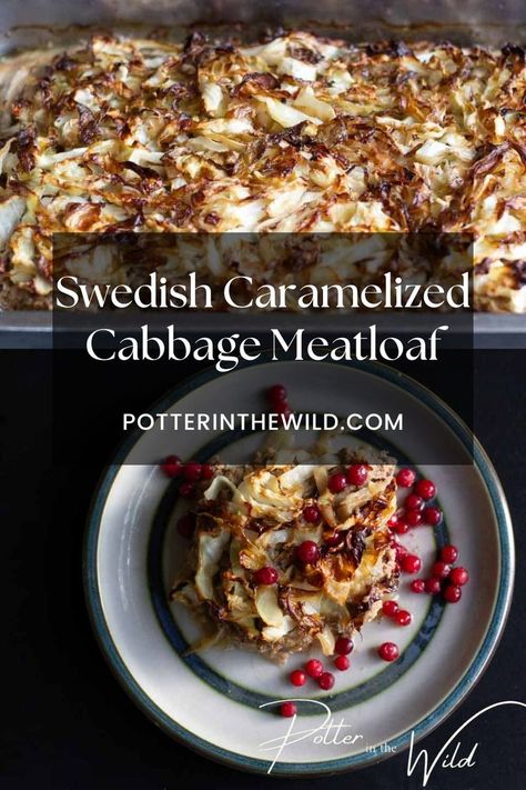 A Swedish staple, Kålpudding or Cabbage Meatloaf, is an easy traditional Scandinavian dinner. Tender meatloaf is sandwiched between layers of caramelized cabbage and served with tart lingonberry sauce for a meal the whole family will love! Swedish Food Traditional, Scandinavian Dinner, Lingonberry Sauce, Meatloaf Sandwich, Swedish Recipes, Cabbage Recipes, Crushed Garlic, Gluten Free Vegetarian, Meatloaf