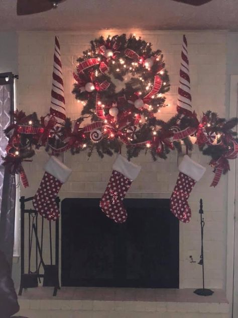 Candy Cane Mantle Decor, Candy Cane Fireplace Decor, Candyland Christmas Fireplace, Red And White Christmas Mantle, Candy Cane Lane Christmas Decor Office, Christmas Mantel Decorating Ideas Simple, White Christmas Mantle, Candy Cane Lane Theme Office, Mantle Decorating Ideas Christmas