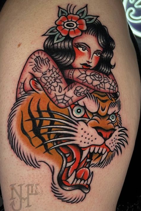 Lost Love Tattoo, Traditional Tattoo Girls, Jessica O, Traditional Tiger Tattoo, Traditional Tattoo Woman, Traditional Tattoo Inspiration, Traditional Style Tattoo, Traditional Tattoo Sleeve, Old School Tattoo Designs