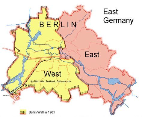 Map of Berlin wall - West Berlin was an exclave of West Germany. It belonged to West Germany but was geographically separated from the main part by the Soviet controlled surrounding East Germany. Basically, an island. Berlin Map, Checkpoint Charlie, West East, The Berlin Wall, Wall Text, German Heritage, West Berlin, East Berlin, Berlin City