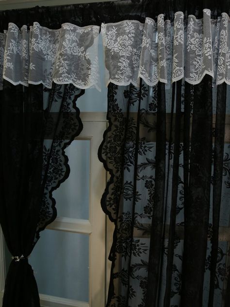 Goth Curtains, Spooky Room, Gothic Decor Bedroom, Curtain Hanging, Dark Home Decor, Goth Home, Goth Home Decor, Lace Curtains, Dream Room Inspiration