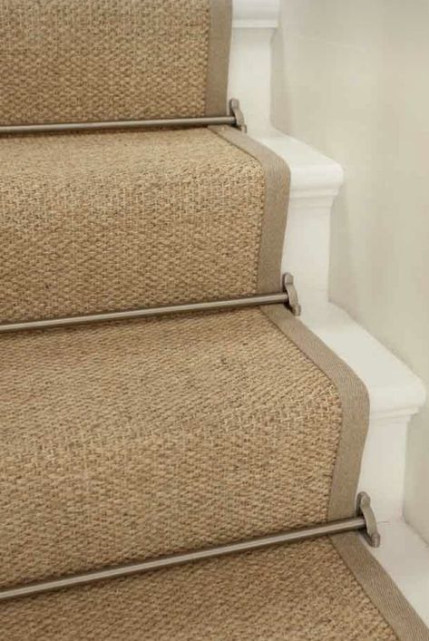 Stairs With Carpet, Sisal Stair Runner, Restauration Hardware, Carpeted Stairs, Carpet Diy, Staircase Runner, Stair Rods, Staircase Makeover, Painted Stairs