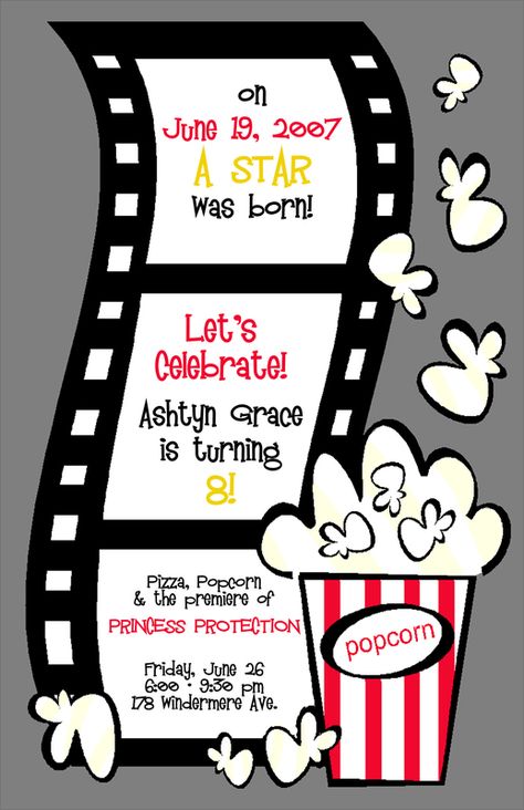 Movie Star Party, Themed Party Invitations, Birthday Movie Night, Movie Party Invitations, Movie Night Invitations, Movie Invitation, Movie Birthday Party, Movie Themed Party, Movie Birthday