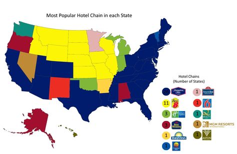 Most Popular Hotel Chain in each US State Hotel Chain, U.s. States, Geography, Most Popular, Map, Hotel, History, Chain