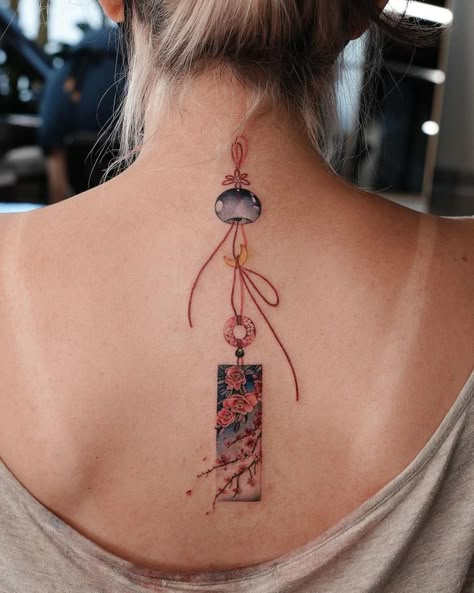 15 Tattoos From Korean Artist, Sion, That’ll Knock You Down With Their Delicacy Korean Back Tattoo, Asian Knot Tattoo, Charm Tattoo Ideas, Korean Ornament Tattoo, Korean Tassel Tattoo, Windchime Tattoo, Norigae Tattoo, Korean Norigae Tattoo, Korean Fan Tattoo