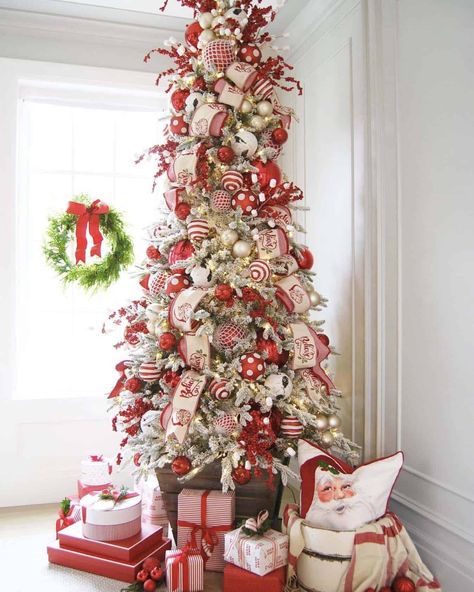 Christmas Tree Decorating Ideas, Tree Decorating Ideas, Flocked Christmas Tree, Christmas Tree Decorating, Christmas Tree Decorating Themes, Flocked Christmas Trees Decorated, Peppermint Christmas, Pencil Christmas Tree, Red Christmas Tree