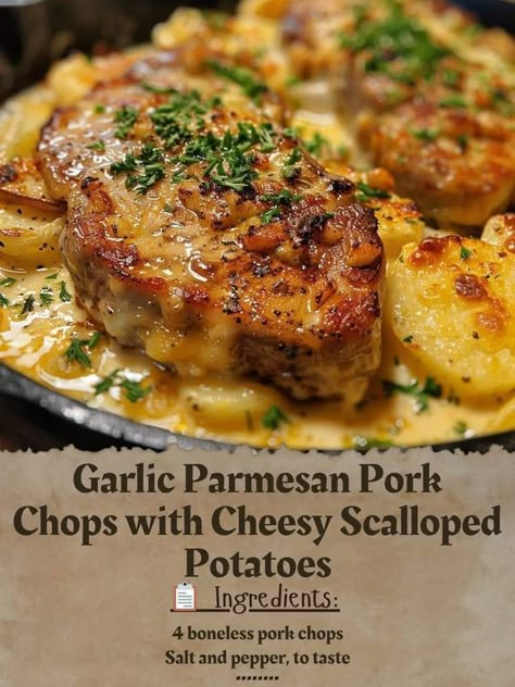 Parmesan Pork Chops With Cheesy Scalloped Potatoes, Creamy Garlic Pork Chops With Cheesy Potato Bake, Garlic Parmesan Pork Chops With Cheesy Scalloped Potatoes, Crenn Recipes, Parmesan Baked Pork Chops, Tennessee Recipes, Chop Meat Recipes, Garlic Parmesan Pork Chops, Cheesy Pork Chops