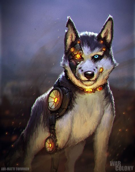 War Colony - Arsena, Ari-Matti Toivonen on ArtStation at https://www.artstation.com/artwork/L90Ov Sci Fi Animals, Robot Wolf Concept Art, Robot Dog Concept Art, Cyberpunk Animals, Robotic Dog Drawing, Dog Robot Concept, Alien Dog Concept Art, Steampunk Animals, Futuristic Robot