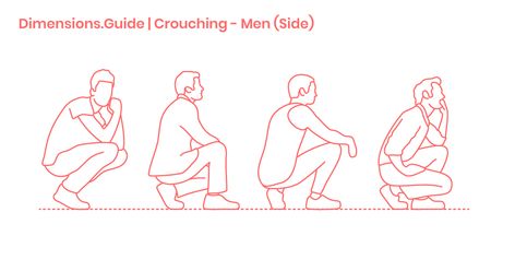 Crouching - Men (Side) Dimensions & Drawings | Dimensions.com Scraped Knees Drawing, Person Crouching Down Reference, Man Crouching Pose Drawing Reference, Man Bending Over Pose Reference, Someone Crouching Reference, Sneaking Pose Reference, Person On Their Knees Reference, Person Crouching Reference, Person Crouching