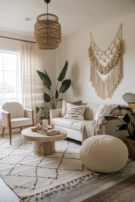 This modern boho living room photograph depicts a cozy, modern living room bathed in natural light. The room features a neutral color palette dominated by beige, white, and light wood tones. Central to the image is a light beige sofa adorned with a mix of pillows in various patterns and textures. The sofa is positioned against a cream-colored wall, which is partially adorned with a large, intricate macramé wall hanging in shades of beige and brown. Neutral Modern Boho Living Room, Boho Living Room Minimal, Boho Modern Living Room Ideas, Modern Farmhouse Boho Living Room, Beige Couch Living Room Decor, Light Beige Sofa, Scandi Boho Living Room, Farmhouse Boho Living Room, Beige Couch Living Room