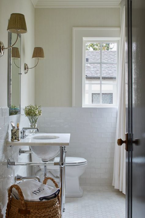 Lodge Aesthetic, Room For Tuesday, Classic Bathroom, Green Cabinets, Forest Park, Striped Wallpaper, Bathroom Renos, Historic Home, Guest Bathroom