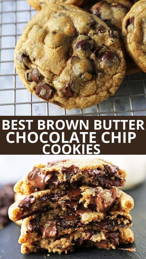 Best Brown Butter Chocolate Chip Cookie Recipe. How to make the best salted brown butter chocolate chip cookies at home. These chocolate chip cookies have rich, toffee notes with chocolate chunks. Saucepan chocolate chip cookie recipe. Easy Cookie Recipe, Brown Butter Chocolate Chip, Brown Butter Cookies, Brown Butter Chocolate Chip Cookies, Tasty Desserts, Chocolate Chip Cookies Recipe, Favorite Cookie Recipe, Gourmet Cookies, Chocolate Chip Recipes