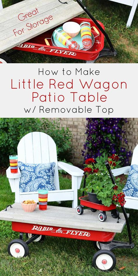 Easy to follow tutorial for repurposing a little red wagon into a fun and funky outdoor coffee table for summer on the patio. #repurposed #upcycled #redwagon #porchdecor Old Radio Flyer Wagon Ideas, Radio Flyer Wagon Makeover, Red Wagon Repurposed, Red Wagon Decor, Bball Court, Decorative Garden Stones, Wagon Ideas, Diy Patio Table, Grey Stained Wood