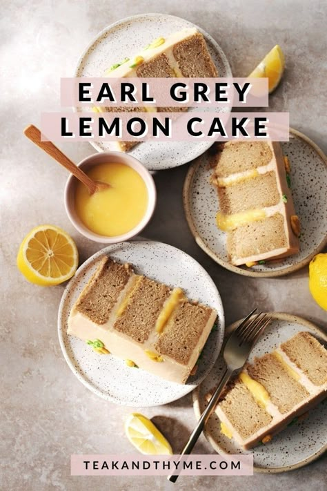 This earl grey lemon cake features soft earl grey infused cake layers with earl grey buttercream and lemon curd in between each layer #earlgrey #lemoncurd #earlgreycake | teakandthyme.com Spring Bakes, Earl Grey Buttercream, Earl Grey Cake, Grey Cake, Lemon Curd Cake, Spring Baking, Lemon Curd Recipe, Spring Desserts, Cake Layers