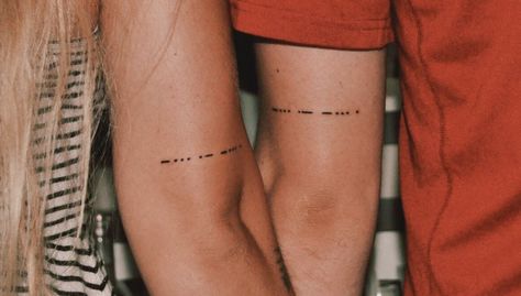 Morse Code Tattoo Placement, Best Couples Tattoo, Morse Tattoo, Tattoo Placement Hip, Hip Tattoo Quotes, Back Tattoo Quotes, Above Elbow Tattoo, Code Tattoo, Tattoo Couples