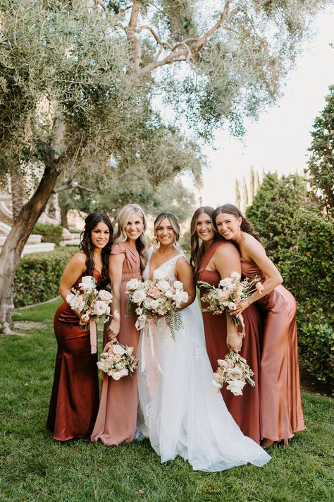 Romantic Desert & Backyard Micro-Wedding - emberandstoneevents.com Summer Rust Wedding, Bridesmaid Dresses Rusty Rose, Mismatched Rose Bridesmaid Dresses, Dusty Pink And Rust Wedding, Dusty Rose Mismatched Bridesmaids, Rust And Pink Bridesmaid Dresses, Dusty Rose And Wine Wedding, Rust And Blush Wedding Bridesmaid Dress, Terracotta And Pink Bridesmaid Dresses