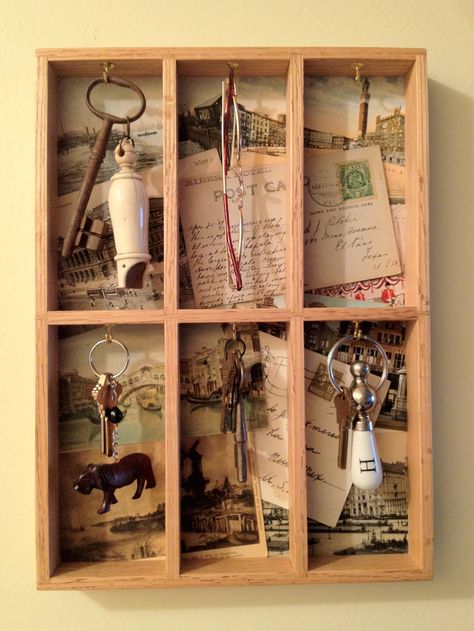 This is a prototype of key holder that I made to hold a clients collection of old hotel keys. I added the old postcards and travel memorabilia to the back. Wedding Hotel Key Card Holder, Antique Key Holder, Our First Home Shadow Box House Keys, Vintage Hotel Key Rack, Vintage Hotel Key, Travel Memorabilia, Key Box, Wine Box, Old Postcards