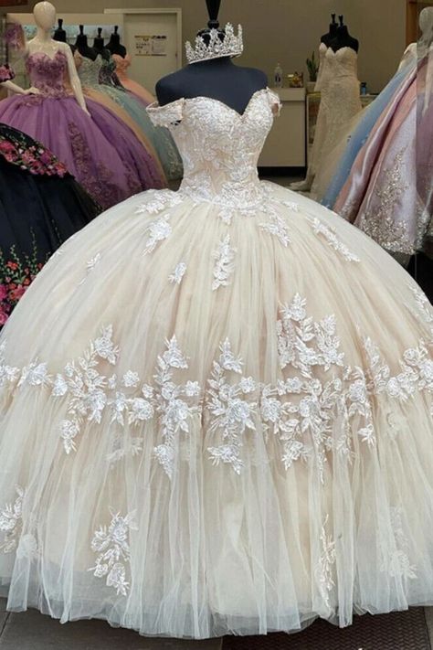 Champagne off-shoulder quince dress Champagne Quince Dresses, Gold Quince Dress, 15 Birthday Dresses, Debutante Gowns, Champagne Quinceanera Dresses, Quince Dresses Champagne, Dress For 15, 18th Party, White Quinceanera Dresses