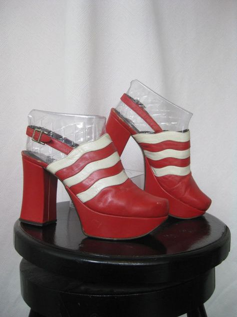 Leather Platforms / Vtg 70s / Size 37 6.5 / Red and White Leather Platforms on Etsy, $65.00 70s Clogs Shoe Carnival, Platform Boots 70s, Red Leather Platform Clogs, 1970’s Shoes, 1970s Platforms, 1970s Shoes, 70s Shoes, Boogie Shoes, 1940s Shoes