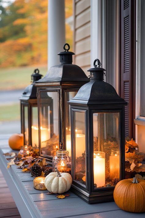 Cozy fall decor with lanterns, pumpkins, and candles on a small porch. Perfect tiny front porch fall decor inspiration for an inviting autumn vibe. Fall Lantern Decor Ideas, Hallmark Aesthetic, Decor With Lanterns, Fall Lantern Decor, Outdoor Fall Decor Ideas, Fall Front Porch Decor Ideas, Fall Lantern, Mulling Spices, Lantern Ideas