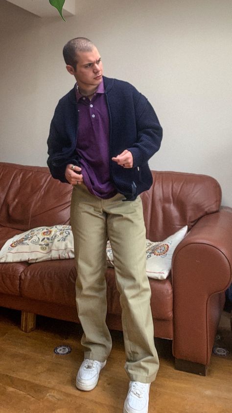 vintage outfit wearing beige dickies, kappa purple polo, vintage wool jacket and air force 1s Purple Polo Outfit Men, Dickies Khaki Pants Outfit Men, Purple Polo Outfit, Dickie Pants Outfits Men, Purple Jeans Outfit, Khaki Pants Outfit Men, Polo Outfit Men, Polo Shirt Outfit Men, Khaki Pants Outfit