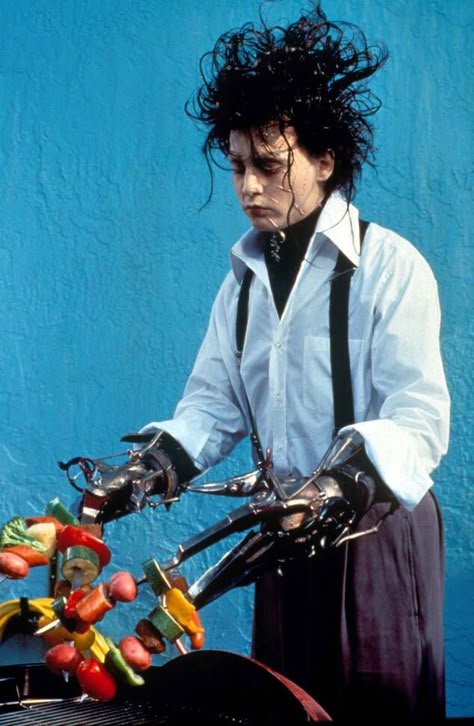 Edward Scissorhands, Johnny Depp, Suspenders, Black Hair, A Man, Wall, Hair, Blue, White