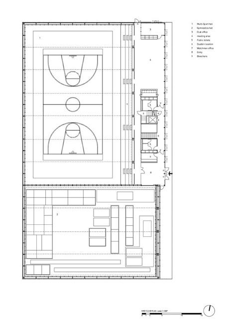 Gallery of Hacine Cherifi Gymnasium / Tectoniques Architects - 33 Gymnasium Floor Plan, Basketball Gymnasium, Indoor Gymnasium, Gymnasium Design, Sport Facility, Gymnasium Architecture, Gym Architecture, Craftsman Floor Plan, Architecture Work