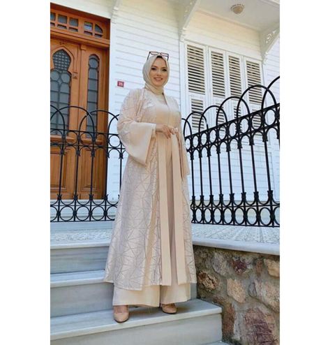 Modefa Modest Clothing Set Modern Muslim Woman's 2 Piece Jumpsuit with Lace Open Abaya - 3782 - Apricot Trouser Jumpsuit, Classic Jumpsuit, 2 Piece Jumpsuit, Open Abaya, Lace Cardigan, Jumpsuit Trousers, Long Sleeve Jumpsuit, Muslim Women, Modest Outfits