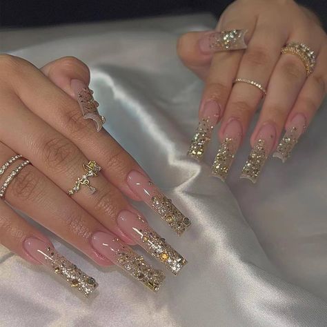 PRICES MAY VARY. [Package Content] You will get 24 pieces of IMRAIN long square press on nails, a small clear box with glue, and you can trim it to any length you want~ [Quality Material] These gold glitter press on nails are made of quality acrylic material, non-toxic and gentle to your nails and skin, durable and not easy to be scratched, will give you a nice manicure experience. [Easy to Use] After trimming and cleaning your nails, choose a false nail that is suitable for your own nail size, French Coffin, Fake Nail, Nail Length, Nails Long, Birthday Nails, Bling Nails, Artificial Nails, Gold Nails, Rhinestone Nails