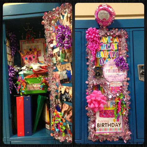 Girl Birthday locker. Birthday locker. School birthday idea. Middle school birthday. Locker decor. All from dollar store including cut up gift bags for signs! Birthday Locker, Birthday Locker Decorations, Cute Locker Ideas, Locker Decorations Diy, Diy Locker, Locker Designs, School Locker, Locker Decorations, Birthday Party Decorations Diy