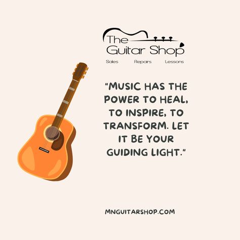 "Music has the power to heal, to inspire, to transform. Let it be your guiding light on your musical journey." Find your muse at The Guitar Shop and let your soul dance to the rhythm of your passions. mnguitarshop.com 651-344-8177 brad@mnguitarshop.com #TheGuitarShop #Musiclesson #Repairs #guitars #music #guitarist #rock #musician #guitarplayer #bass #singer #metal #electricguitar #song #beats #instrument Music Affirmations, Guitarist Quotes, Guitar Quotes, Inspirational Quotes For Teens, Life Motto, Guiding Light, Guitar Shop, Music Heals, Music Lessons