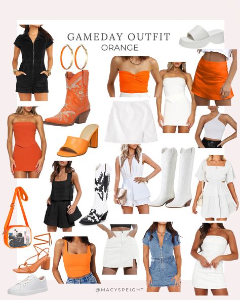 orange gameday outfit ideas :) Auburn Orange Outfit, Oklahoma State Gameday Outfits, Orange And Black Game Day Outfits, Orange And Blue Gameday Outfit, Orange Tailgate Outfit, Orange And Black Gameday Outfit, Okstate Game Day Outfit, Ut Gameday Outfit Tennessee, Gameday College Outfits