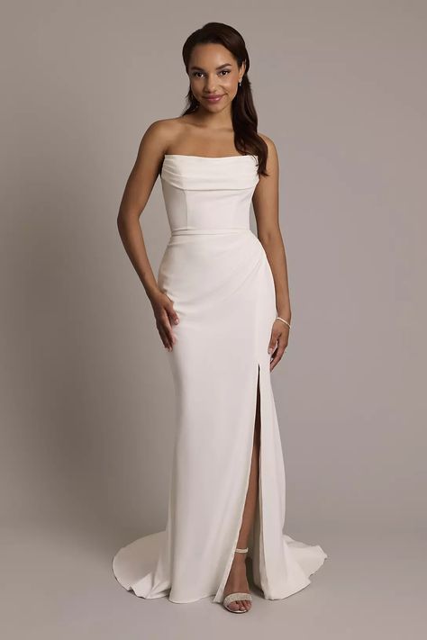 Wedding Dresses - DB Studio Stretch Crepe Sculpted Cowl Sheath Wedding Dress Style # WG4120 – View Image 1 Full Figure Wedding Dress, Two Piece Wedding Dress, Davids Bridal Wedding Dresses, Bridesmaid Dressing Gowns, Sheath Wedding, Cowl Dress, Forest Theme, Bridesmaid Dresses Prom, Wedding Dress Accessories