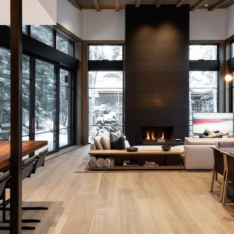 Mountain Fireplace, Ceiling Architecture, Fireplace Modern Design, House Fireplace, Fireplace Modern, Large Headboard, Black Feature Wall, Orchard House, Ceiling Design Ideas