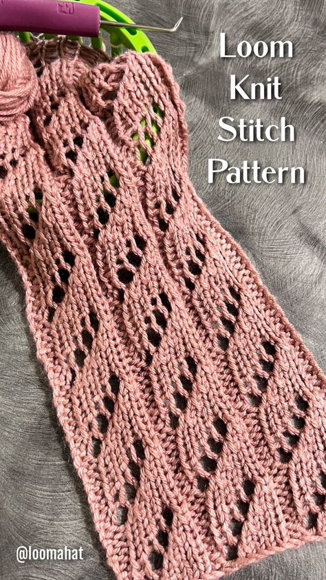 Loom Knit Stitch Eyelets Diagonal Lace Columns Long Loom Knitting Patterns Free, Loom Blanket Patterns, Loom Knitting Rib Stitch, Loom Knit Shrug, Knitting Scarf Patterns Free, Loom Knit Stitches, Loom Knit Sweater, Knook Patterns, Knitting Loom Projects