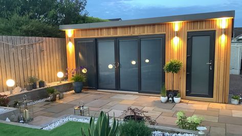 Duo Garden Room for storing golf clubs | Outside In Garden Rooms Golf Simulator Room, Contemporary Garden Rooms, The Garden Room, Golf Simulator, Concrete Panel, Old Garage, Golf Simulators, Garden Rooms, Contemporary Garden