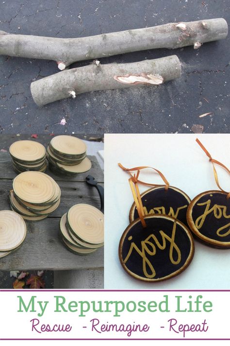 How to make customized wood slice ornaments for your friends or family this Christmas. First, you don't need a chainsaw for this project. If you buy your wood slices online, you don't even need a saw! That's right, all the information you need in one place! #MyRepurposedLife #Christmas #woodslice #ornaments #easy #diy #project How To Make Trees, Log Candle Holders, Log Candles, Wood Slice Ornament, Wood Slices, Repurposed Furniture, Xmas Crafts, Christmas Inspiration, Best Diy