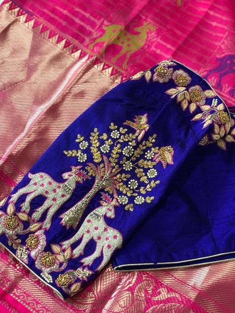 Zardosi And Thread Work, Deer Work Blouse Designs, Deer Blouse Designs, Deer Maggam Work Designs, Zardosi And Thread Work Blouse, Thread Maggam Work Blouses, Embroidery Blouse Designs Thread, Only Thread Work Blouse Designs, Embroidery Designs For Blouses